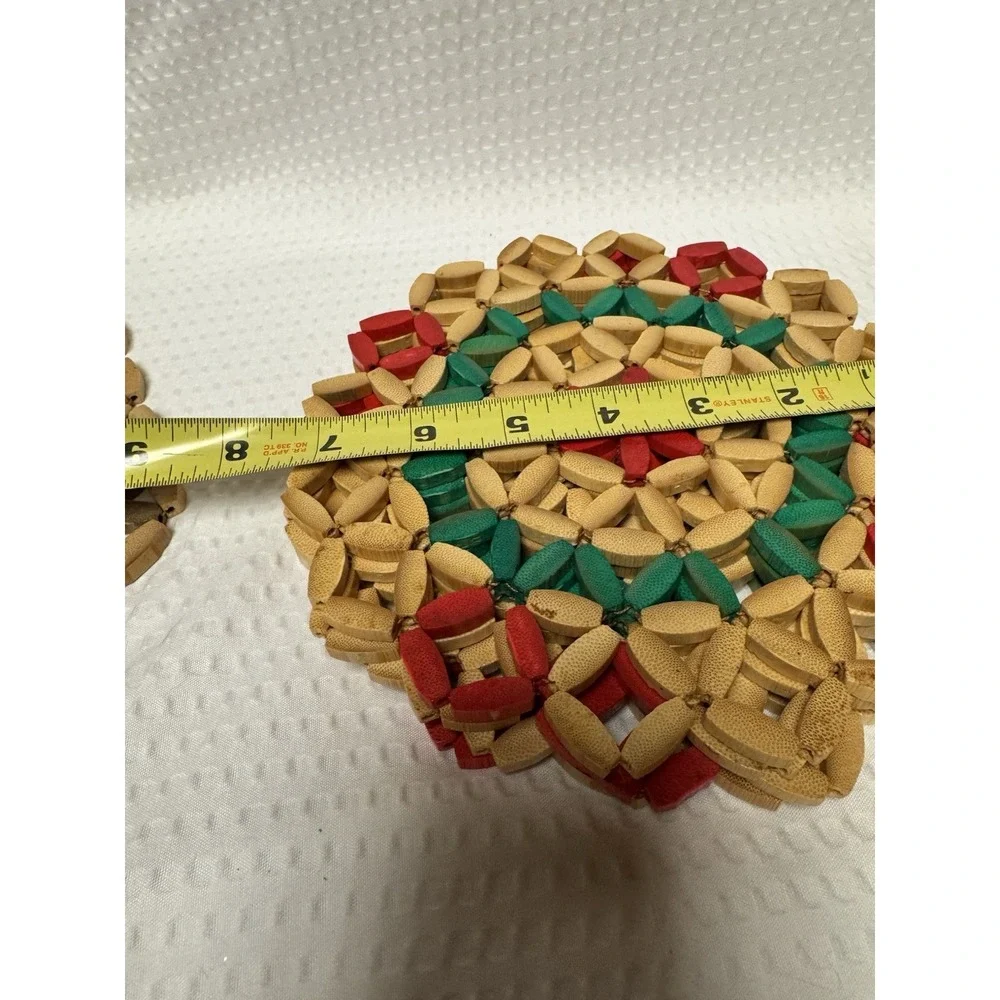Set of 5 Vintage Wooden Bead and Bamboo Trivets Hot Pads Folk Art Retro MCM 7
